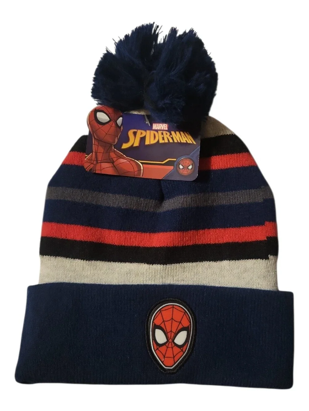 NWT Knit Cap Hat Marvel  Spiderman Berkshire Fashions Stripe Beanie Blue Pom Pom